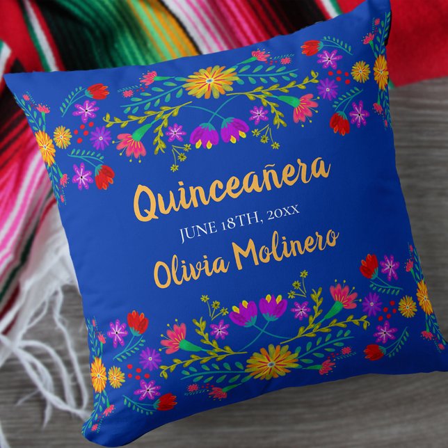 Quinceanera Mexican Fiesta Flowers Blue Throw Pillow (Creator Uploaded)