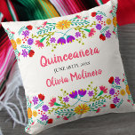 Quinceanera Mexican Fiesta Flowers White Throw Pillow<br><div class="desc">Quinceañera pillow with Mexican fiesta flowers - or feel free to customize as a beautiful keepsake gift to celebrate any occasion. This colorful and vibrant Quinceanera pillow has Mexican folk art flowers in pink purple yellow red blue and green. The template is set up ready for you to personalize, with...</div>