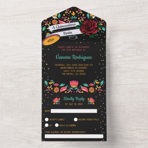 Quinceaera mexican fiesta modern floral red rose  all in one invitation