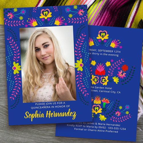 Quinceanera Mexican Fiesta Party Royal Blue Photo Invitation