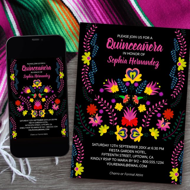 Quinceanera Mexican Party Flowers Black Birthday Invitation