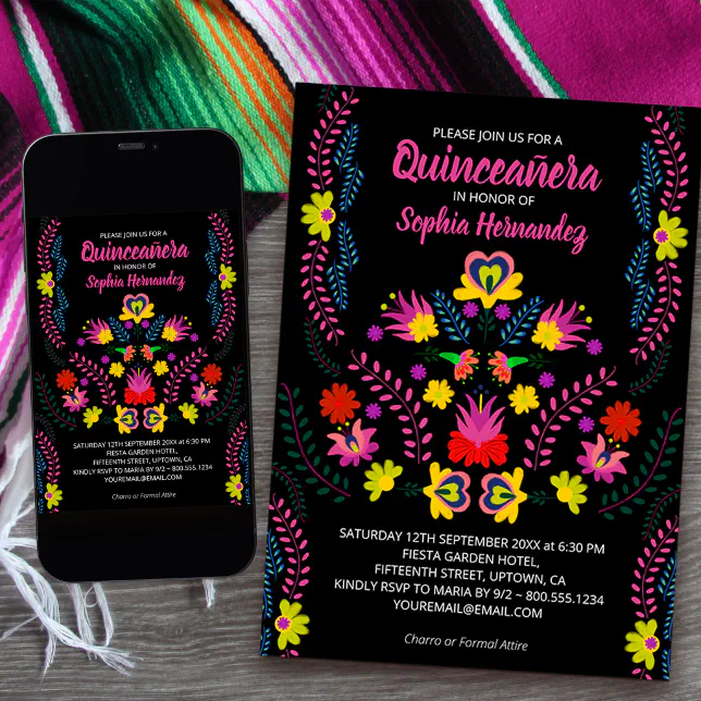 Quinceanera Mexican Party Flowers Black Birthday Invitation 