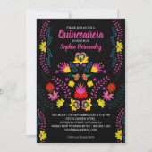 Quinceanera Mexican Party Flowers Black Birthday Invitation (Front)