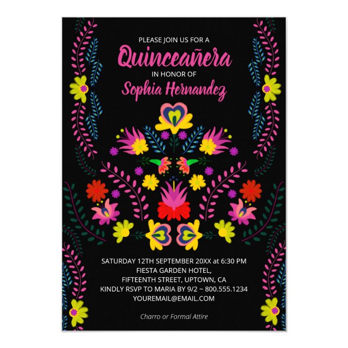 Quinceanera Mexican Party Flowers Black Birthday Invitation | Zazzle.com