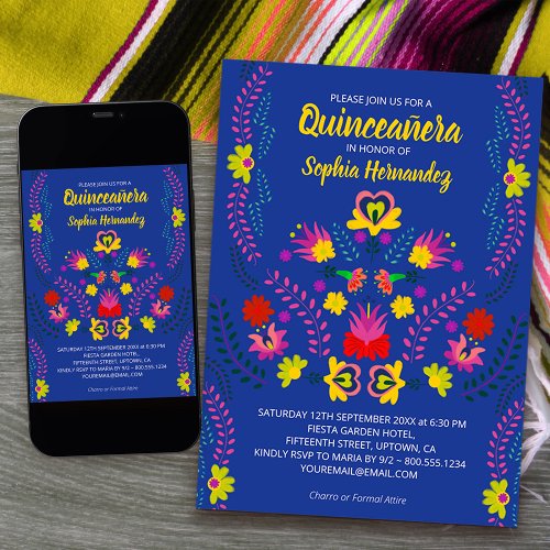 Quinceanera Mexican Party Flowers Blue Birthday Invitation