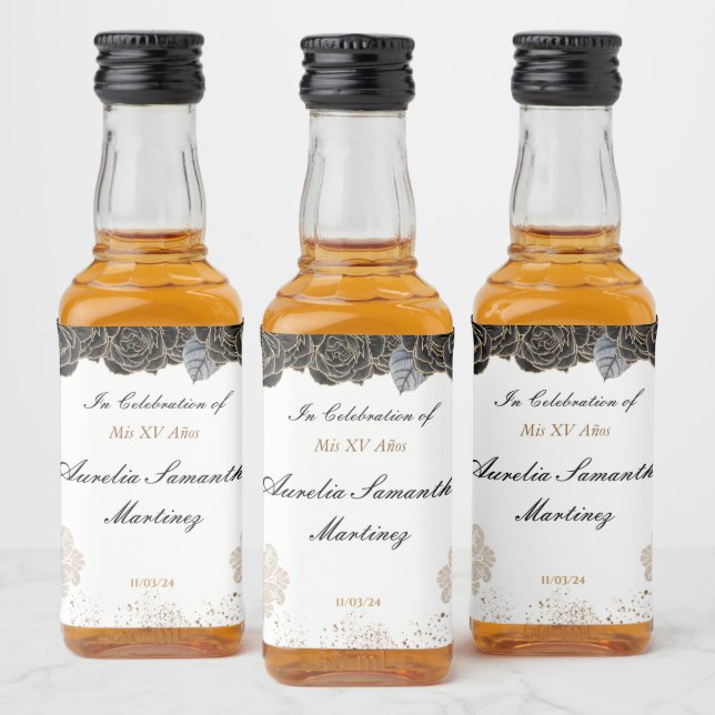Quinceañera Mini Liquor Bottle  Black and Gold Label (Bottles)