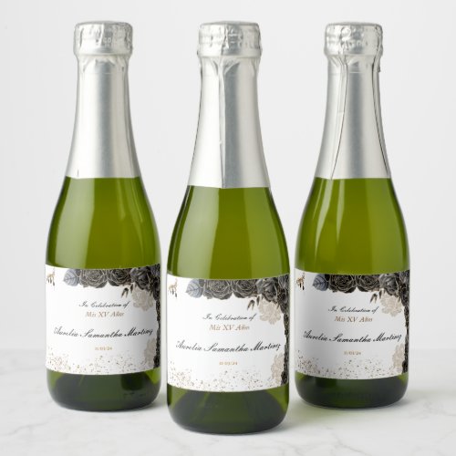 Quinceaera Mini Sparkling Wine  Black and Gold Sparkling Wine Label