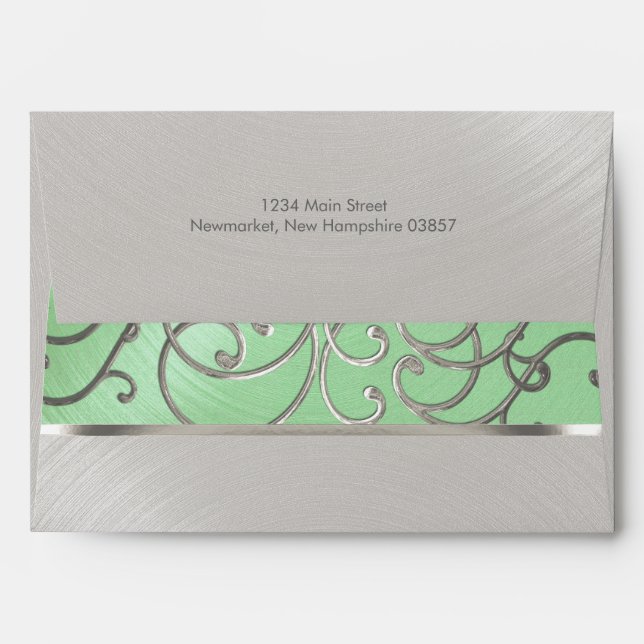 Quinceanera Mint Green and Silver Filigree Swirls Envelope (Back (Top Flap))