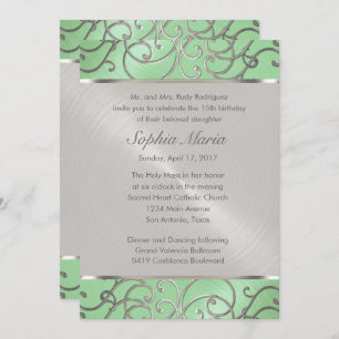 Quinceanera Mint Green and Silver Filigree Swirls Invitation