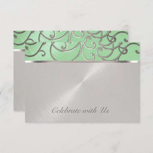 Quinceanera Mint Green and Silver Filigree Swirls Invitation (Front/Back)
