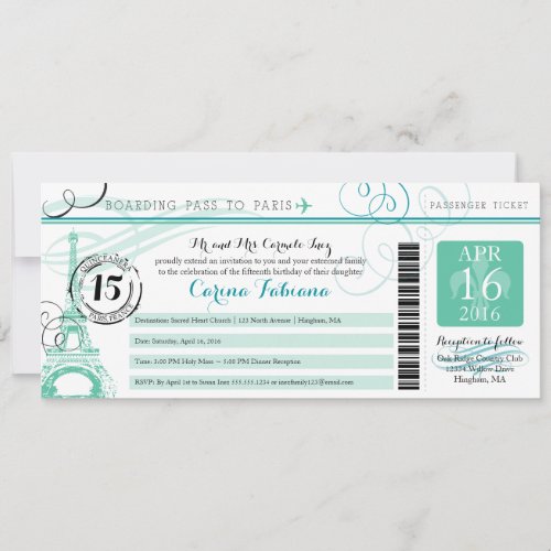 Quinceanera Mint Green and Teal  Paris Invitation