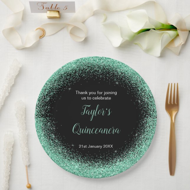 Quinceanera Mint Green Faux Glitter Paper Plates (Wedding)