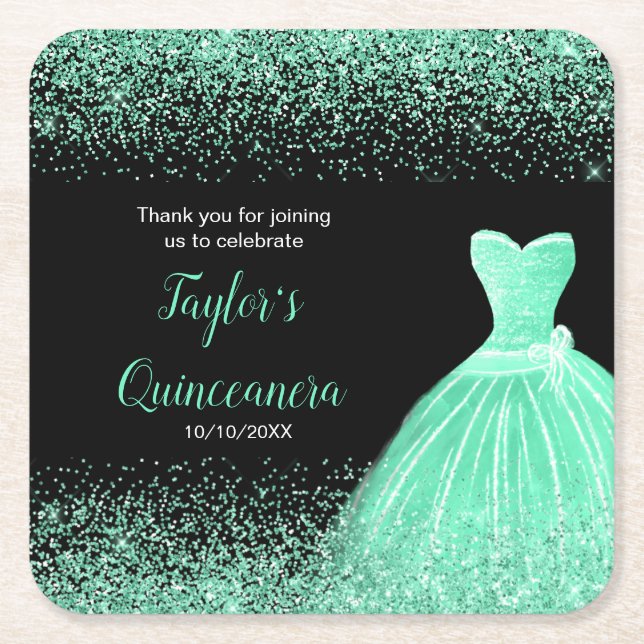 Quinceanera Mint Green Faux Glitter Square Paper Coaster (Front)