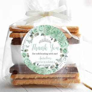 Quinceañera Mint Green Floral Silver Butterflies Classic Round Sticker