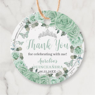 Quinceañera Mint Green Floral Silver Butterflies Favor Tags