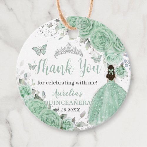 Quinceanera Mint Green Floral Silver Princess  Favor Tags