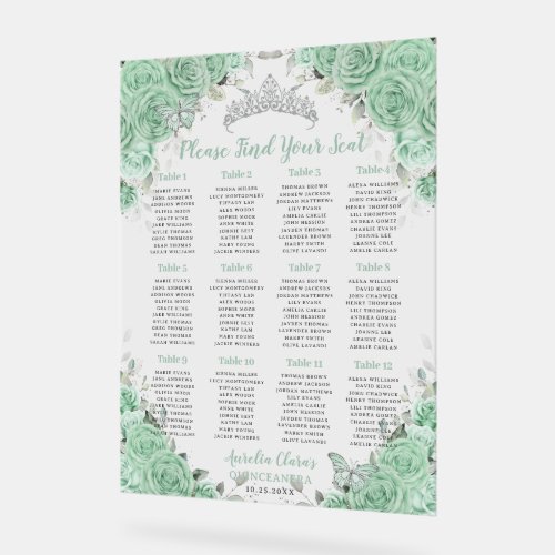 Quinceaera Mint Green Floral Silver Seating Seat Acrylic Sign