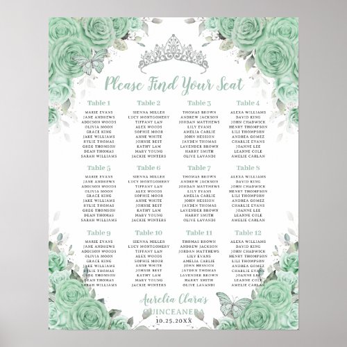 Quinceañera Mint Green Floral Silver Seating Seat