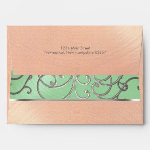 Quinceanera Mint Green Peach Silver Filigree Swirl Envelope