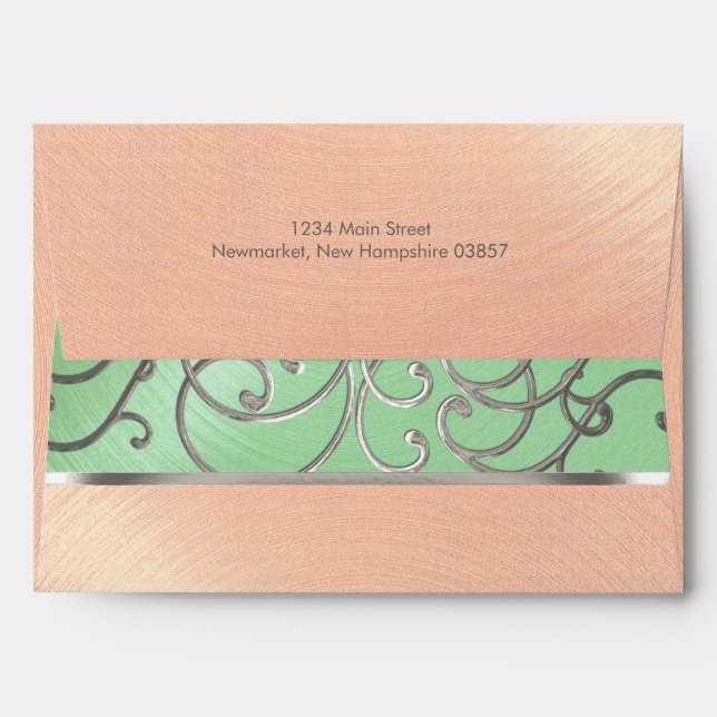 Quinceanera Mint Green Peach Silver Filigree Swirl Envelope (Back (Top Flap))