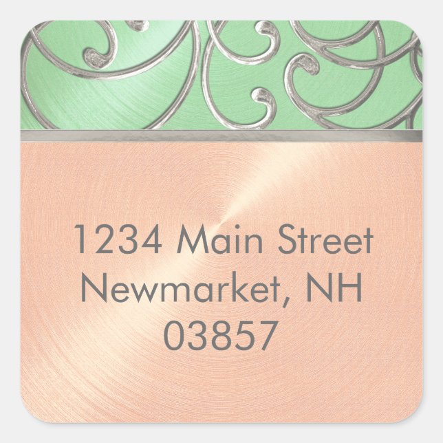 Quinceanera Mint Green Peach Silver Filigree Swirl Square Sticker (Front)