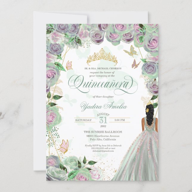 Quinceanera Mint Green Roses Elegant Butterfly Inv Invitation (Front)