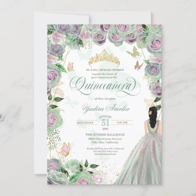 Quinceanera Mint Green Roses Elegant Butterfly Invitation (Front)
