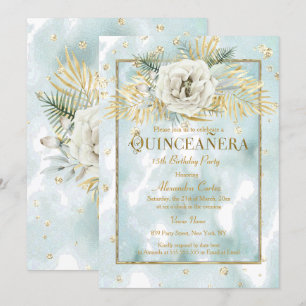 Quinceanera Mint Teal Gold marble Rose Floral Invitation