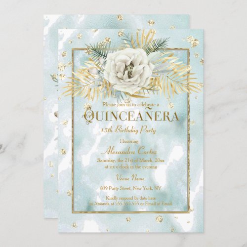 Quinceanera Mint Teal Gold marble Rose Floral Invitation
