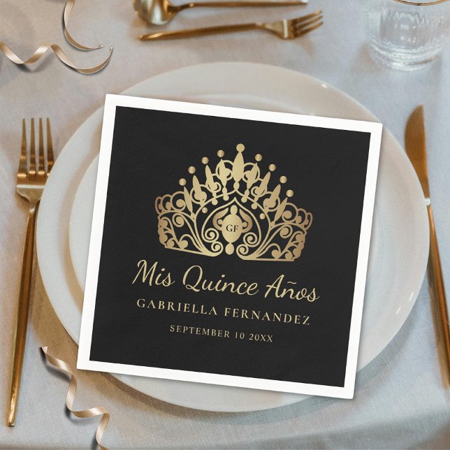 Quinceañera Mis Quince Anos Black Gold  Napkins (Creator Uploaded)