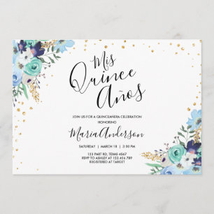 Quinceañera Mis Quince Años Blue Floral Birthday Invitation