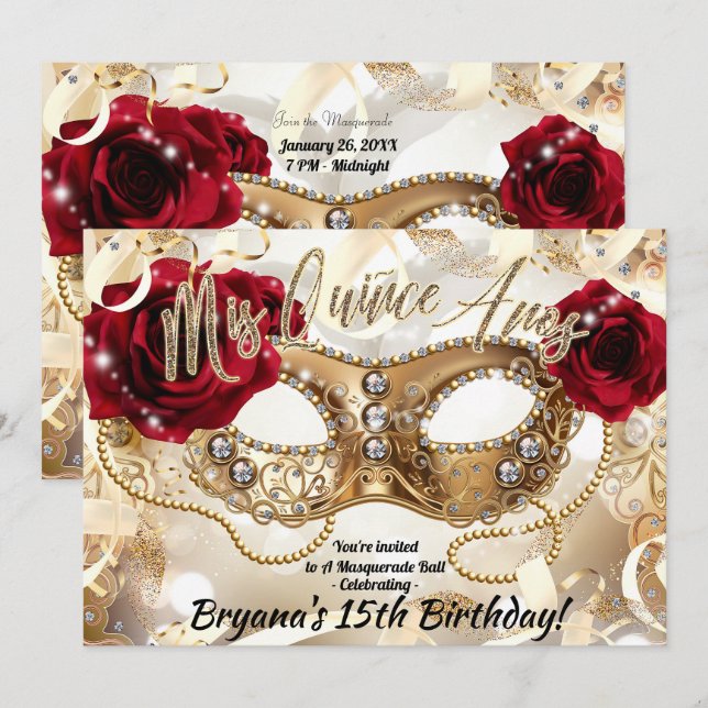 Quinceañera Mis Quiñce Cream Gold Masquerade Party Invitation (Front/Back)