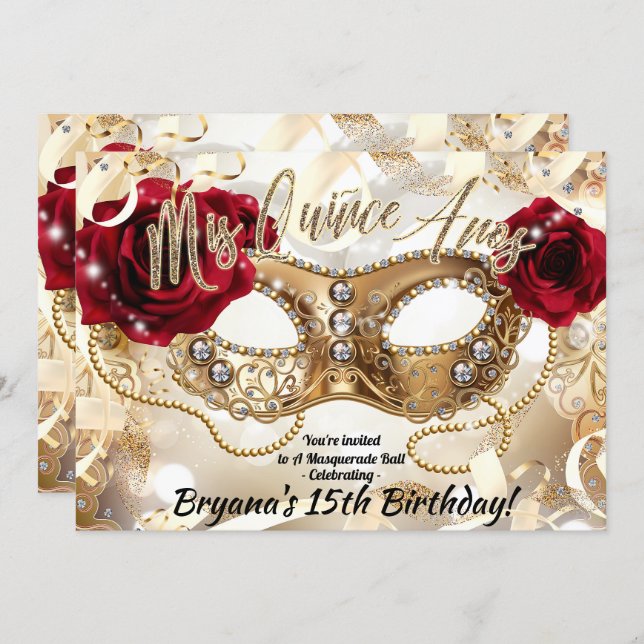 Quinceañera Mis Quiñce Cream Gold Masquerade Party Invitation (Front/Back)