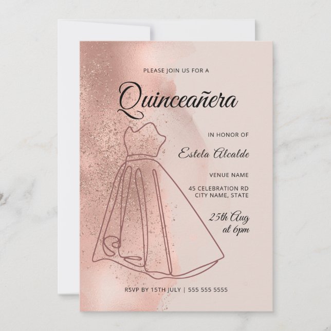 Quinceanera Mis Quince Dusty Rose Gold Elegant Invitation (Front)