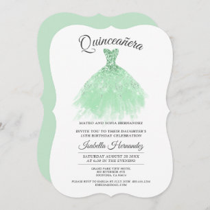 Quinceanera Mis Quince Mint Green Glitter Dress Invitation