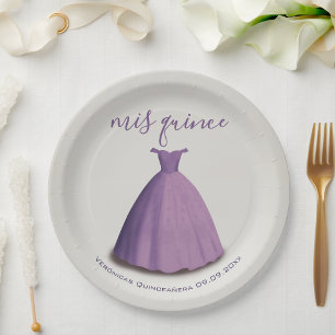 Quinceañera mis quince purple dress table decor paper plates