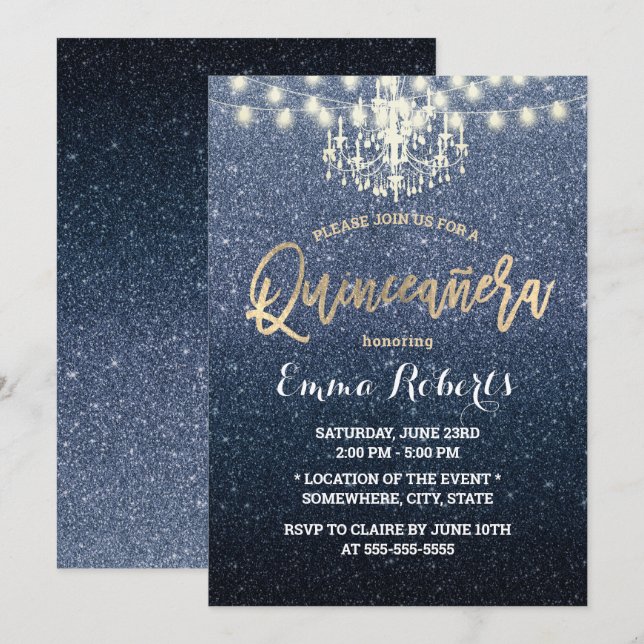 Quinceanera Modern Navy Blue Glitter Chandelier Invitation (Front/Back)
