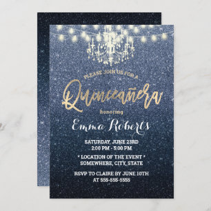 Quinceanera Modern Navy Blue Glitter Chandelier Invitation