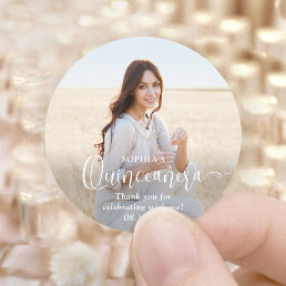 Quincea&#241;era Modern Trendy Script &amp; Photo Thank You Classic Round Sticker