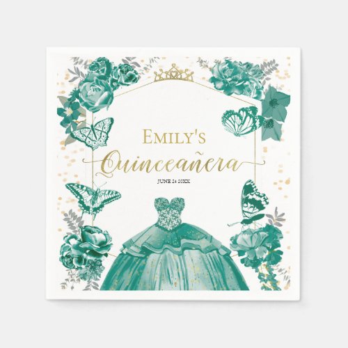 Quinceanera Napkins Emerald Green Dress Floral