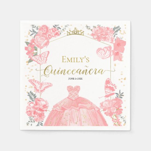 Quinceanera Napkins Pink Dress Floral Gold Foil 