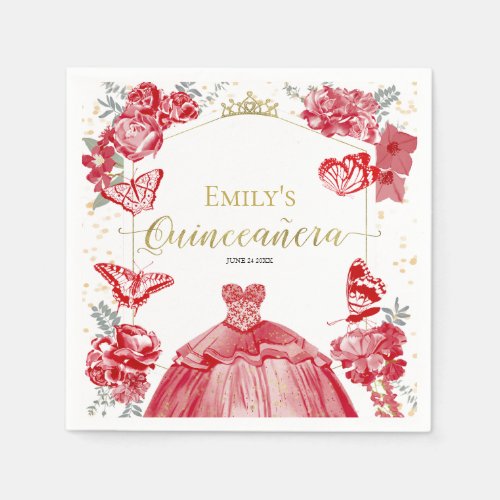 Quinceanera Napkins Red Dress Floral Gold Foil  