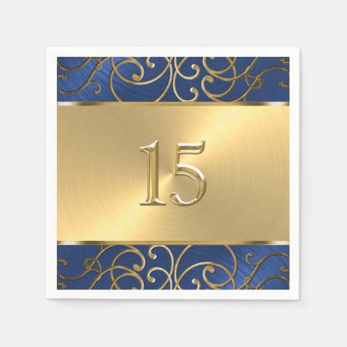 Quinceanera Navy Blue and Gold Filigree Swirls Paper Napkins