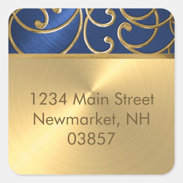 Quinceanera Navy Blue and Gold Filigree Swirls Square Sticker (Front)