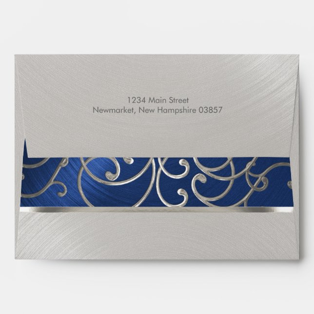 Quinceanera Navy Blue and Silver Filigree Swirls Envelope (Back (Top Flap))