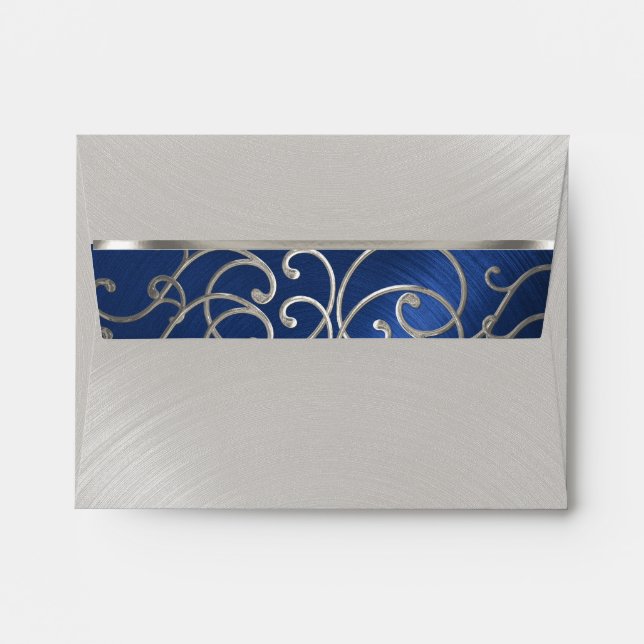 Quinceanera Navy Blue and Silver Filigree Swirls Envelope (Back (Top Flap))