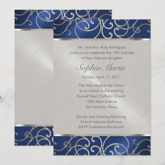 Quinceanera Navy Blue and Silver Filigree Swirls Invitation (Front/Back)