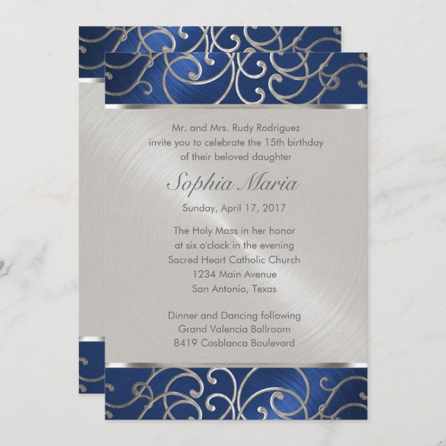 Quinceanera Navy Blue and Silver Filigree Swirls Invitation (Front/Back)