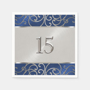 Quinceanera Navy Blue and Silver Filigree Swirls Napkins