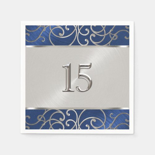 Quinceanera Navy Blue and Silver Filigree Swirls Napkins